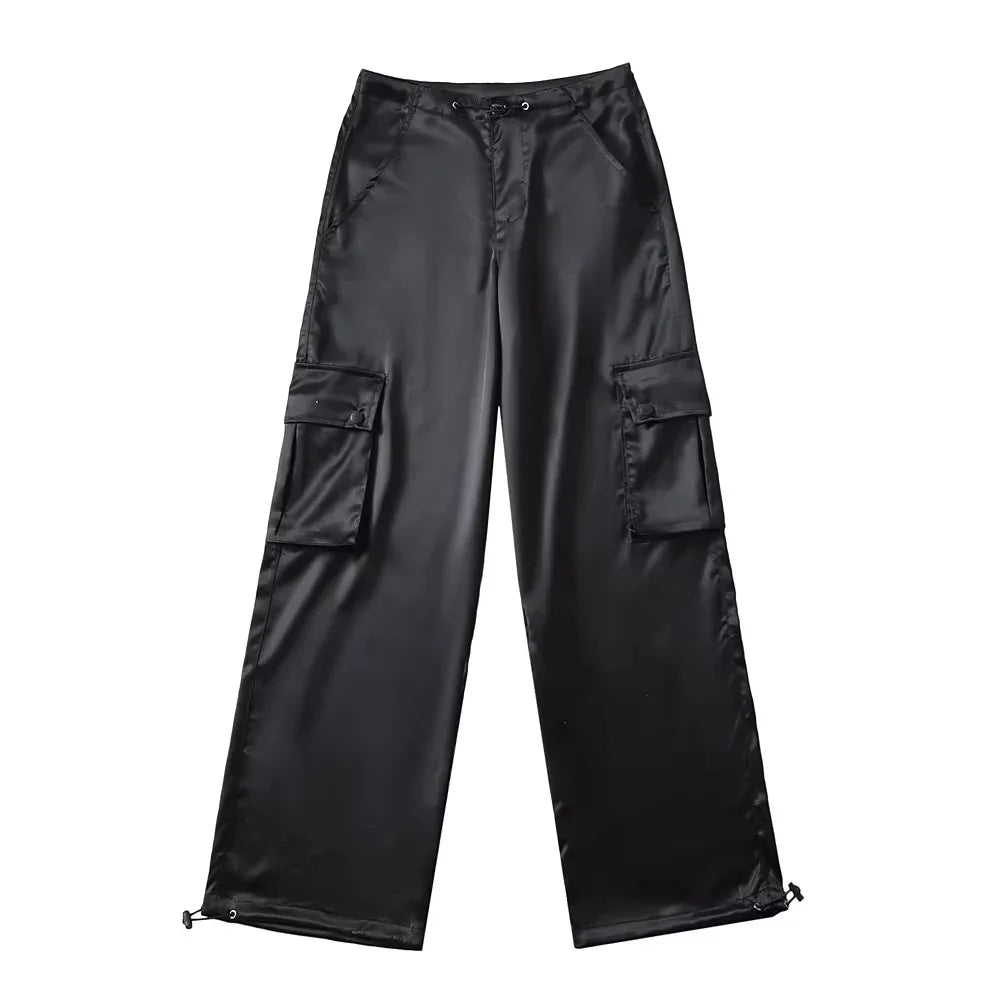 Silk Drawstring Satin Baggy Cargo Pants