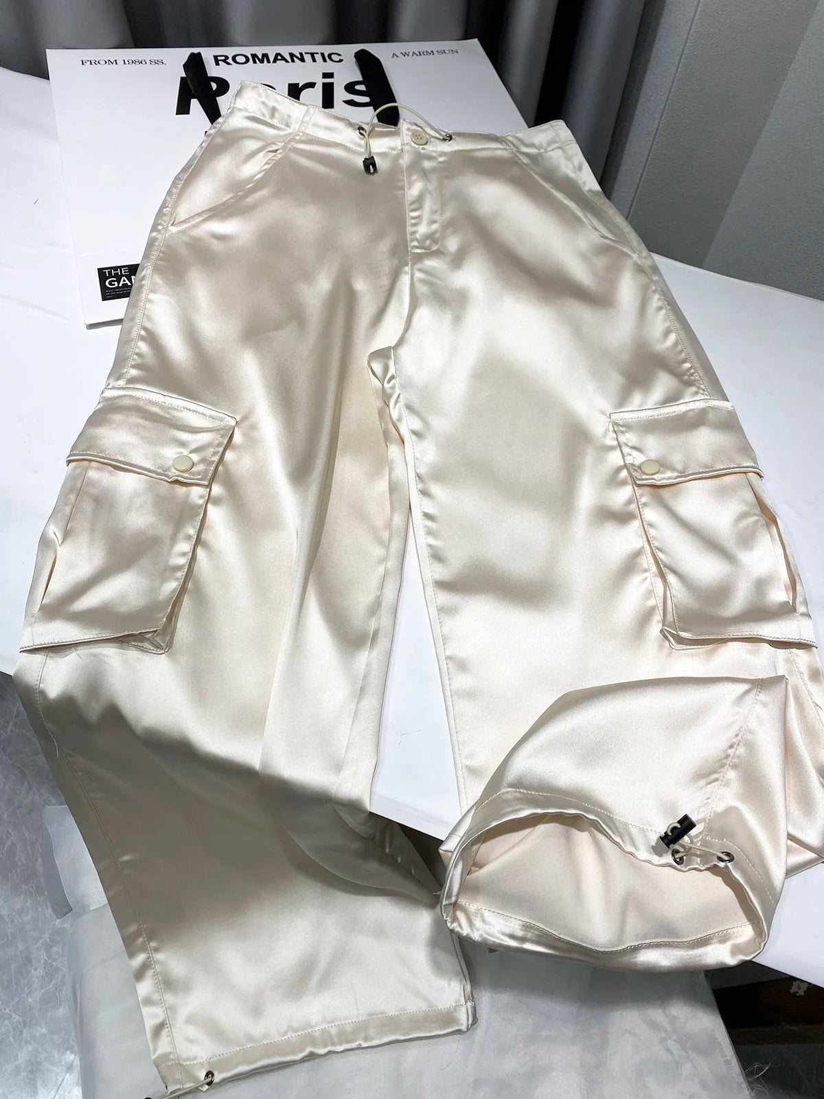 Silk Drawstring Satin Baggy Cargo Pants