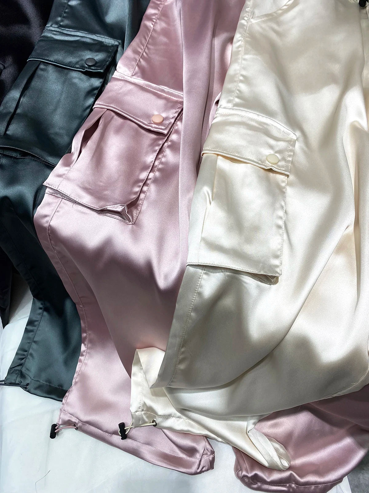 Silk Drawstring Satin Baggy Cargo Pants