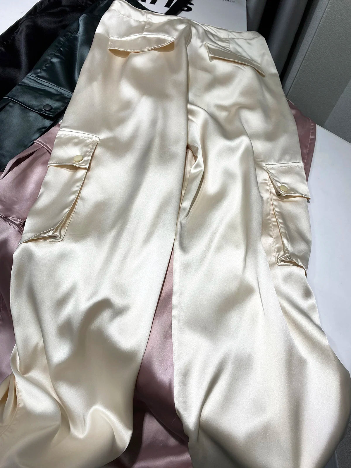 Silk Drawstring Satin Baggy Cargo Pants