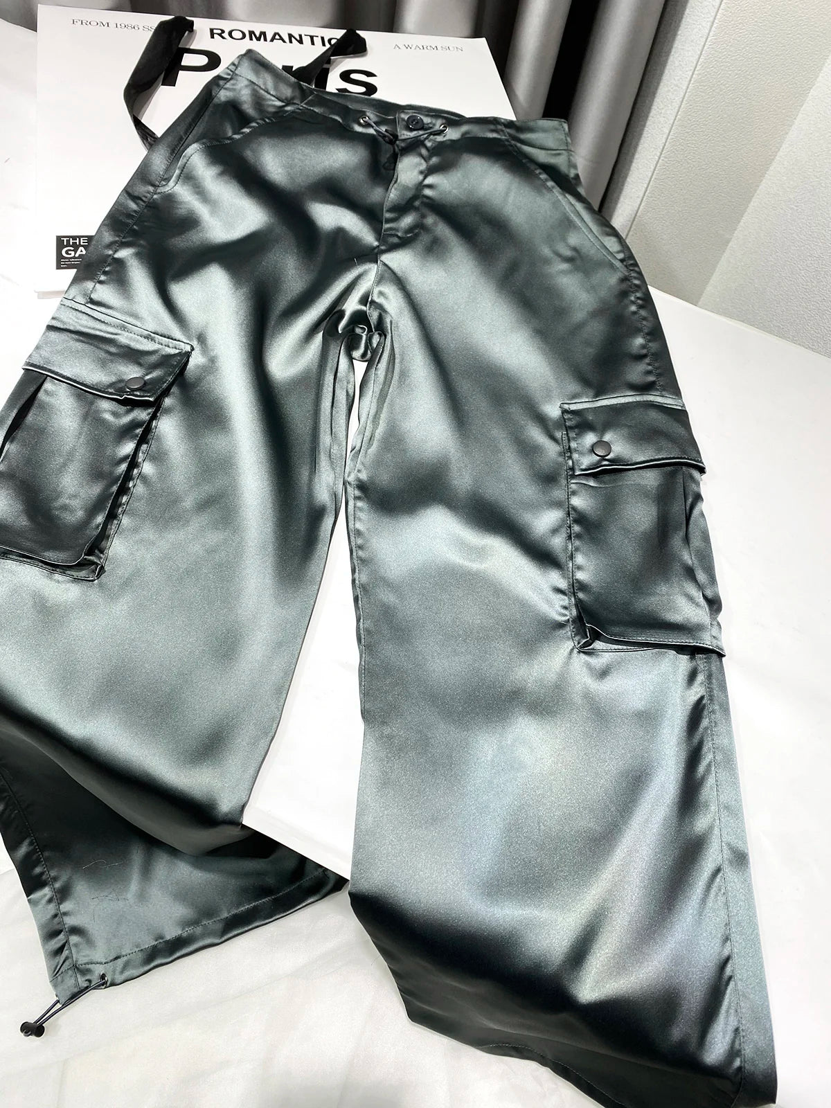 Silk Drawstring Satin Baggy Cargo Pants