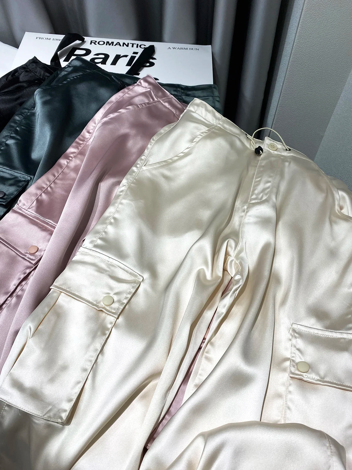 Silk Drawstring Satin Baggy Cargo Pants