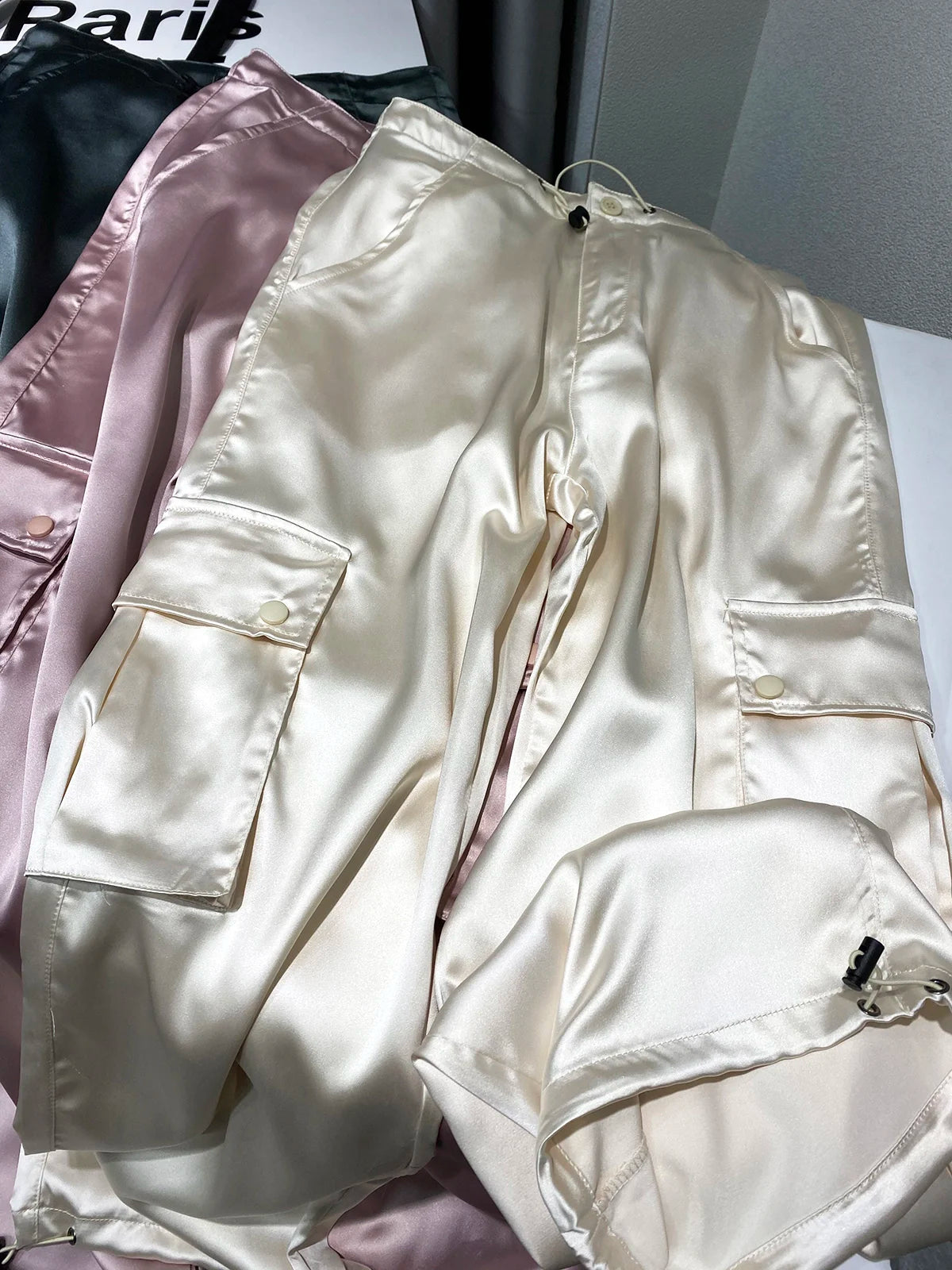 Silk Drawstring Satin Baggy Cargo Pants