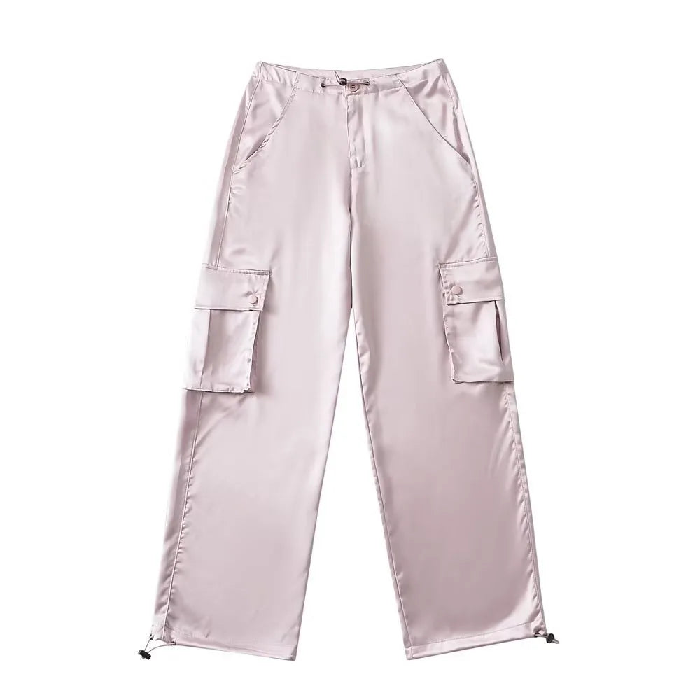 Silk Drawstring Satin Baggy Cargo Pants