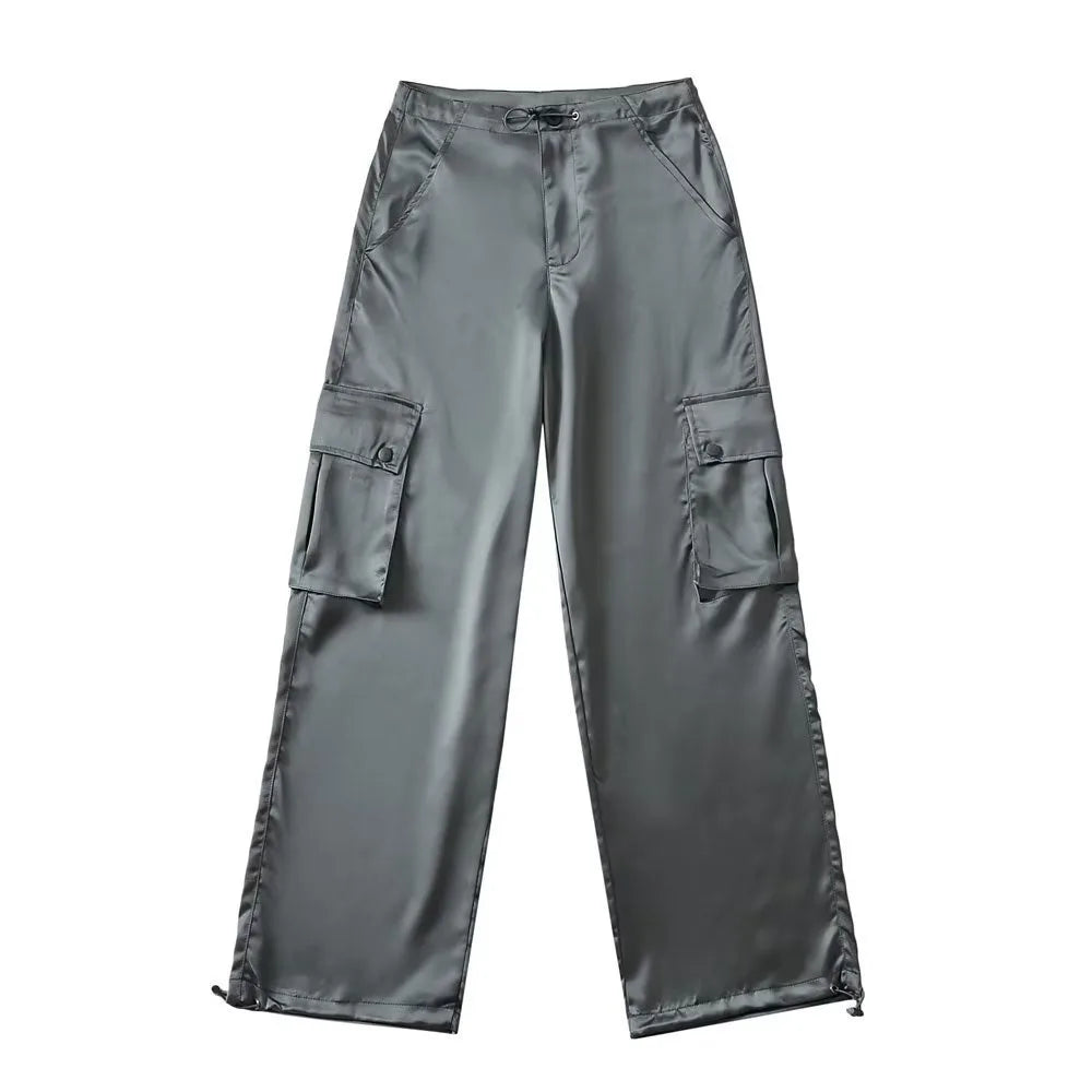Silk Drawstring Satin Baggy Cargo Pants