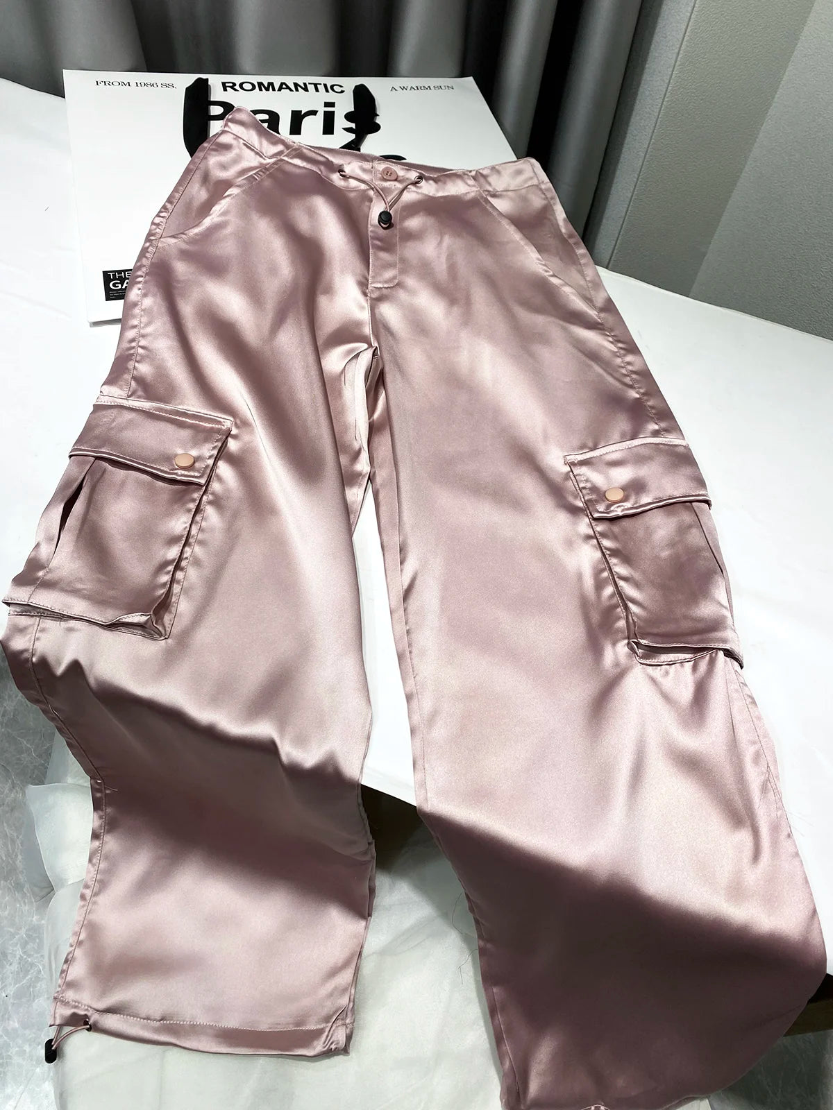 Silk Drawstring Satin Baggy Cargo Pants