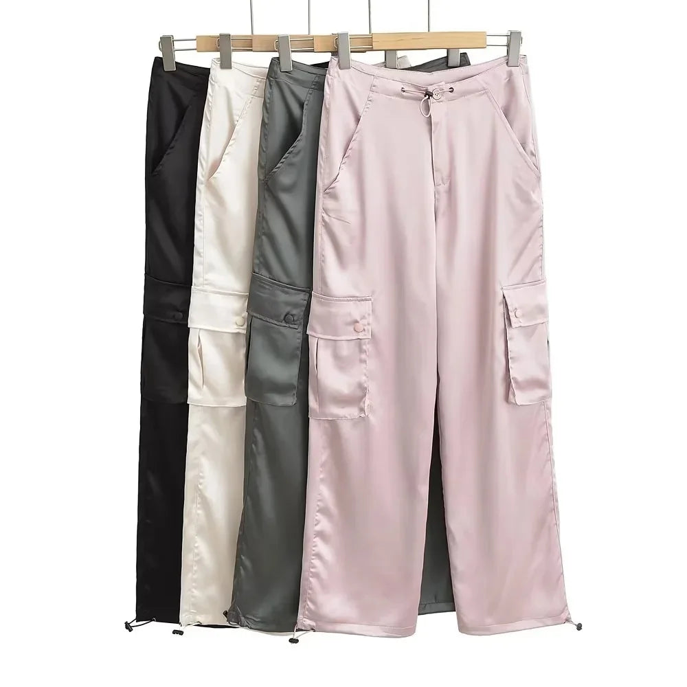 Silk Drawstring Satin Baggy Cargo Pants