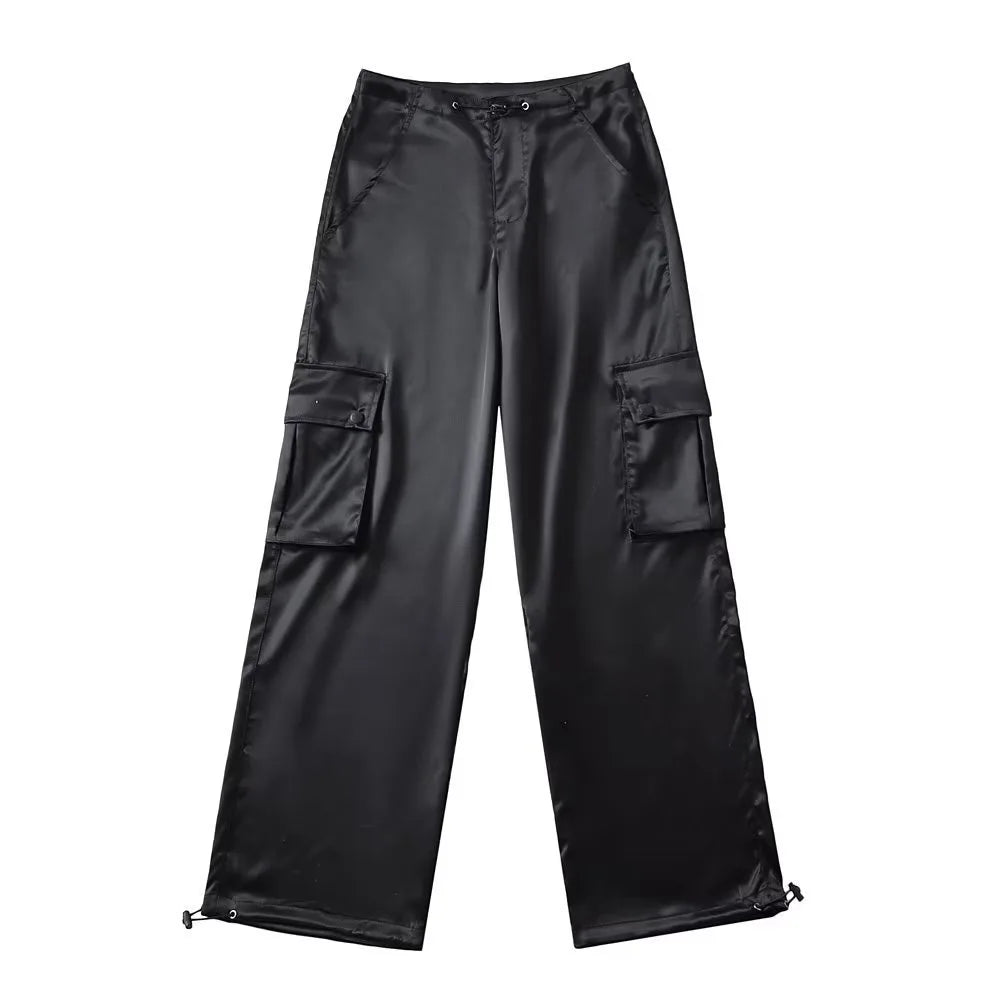 Silk Drawstring Satin Baggy Cargo Pants