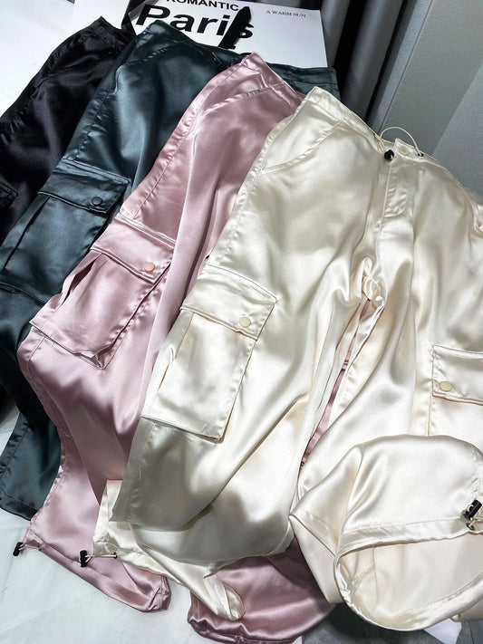 Silk Drawstring Satin Baggy Cargo Pants
