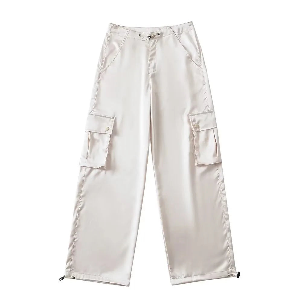 Silk Drawstring Satin Baggy Cargo Pants